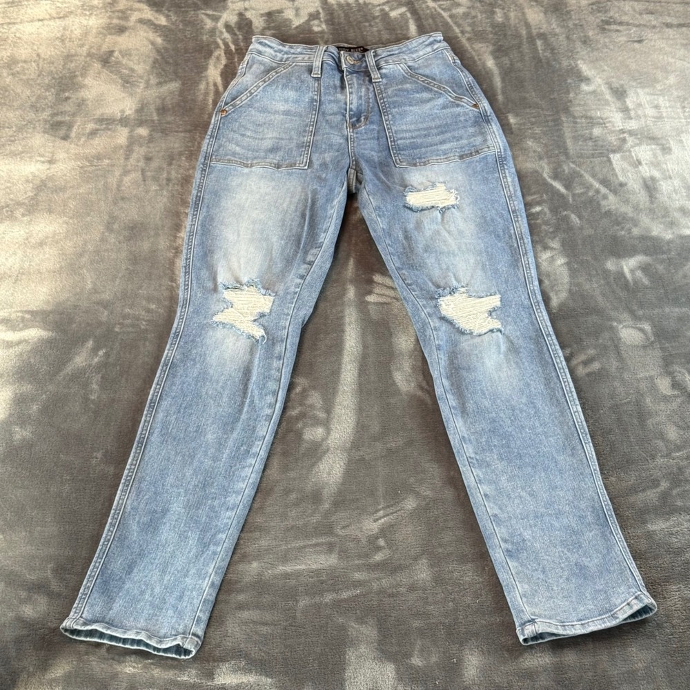 Judy Blue Boyfriend Fit Distressed Patch Pocket Jeans High Rise Size 5/27
